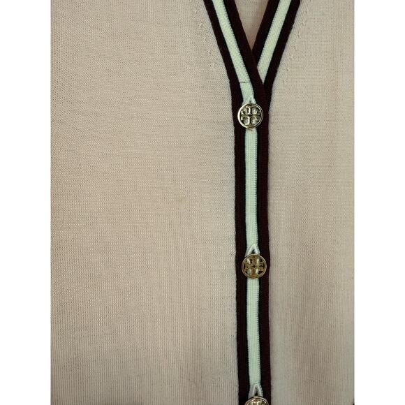 Tory Burch Madeline Merino Wool Grandpa Cardigan Pink Maroon Buttons Size Large - Picture 3 of 8